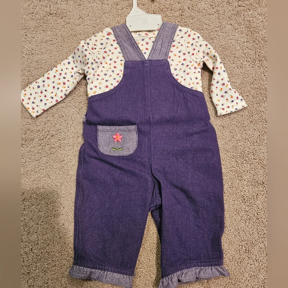 Girls 2 piece Purple overalls and white with flowers long sleeve tee - Picture 2 of 3